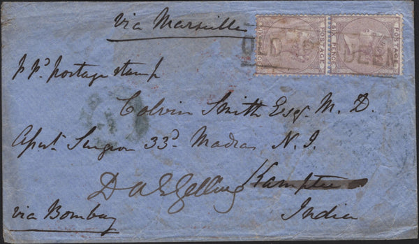 141879 1858 MAIL ABERDEEN TO INDIA, PAIR 6D LILAC (SG68) WITH 'OLD ABERDEEN' SCOTS LOCAL CANCELLATION.