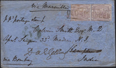 141879 1858 MAIL ABERDEEN TO INDIA, PAIR 6D LILAC (SG68) WITH 'OLD ABERDEEN' SCOTS LOCAL CANCELLATION.