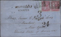 141880 1855 BANKERS MAIL FORFAR TO NEW YORK WITH PAIR 4D (SG62), UNDERPAID WITH 'INSUFFICENTLY/STAMPED' HANDSTAMP.