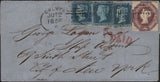 141881 1856 MAIL GALWAY TO NEW YORK WITH 6D EMBOSSED (SG58), 2D BLUE PL.5 (SG27) X 3, 'GALWAY/232' ENGLISH TYPE IRISH SPOON (RA30).