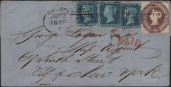 141881 1856 MAIL GALWAY TO NEW YORK WITH 6D EMBOSSED (SG58), 2D BLUE PL.5 (SG27) X 3, 'GALWAY/232' ENGLISH TYPE IRISH SPOON (RA30).