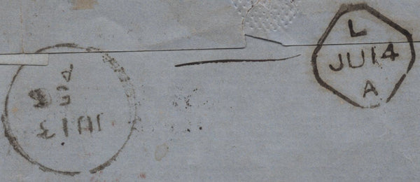 141881 1856 MAIL GALWAY TO NEW YORK WITH 6D EMBOSSED (SG58), 2D BLUE PL.5 (SG27) X 3, 'GALWAY/232' ENGLISH TYPE IRISH SPOON (RA30).