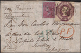 141882 1856 MAIL BROMLEY, LONDON TO SEVILLA, SPAIN WITH 6D EMBOSSED (SG58) AND 4D CARMINE (SG62).