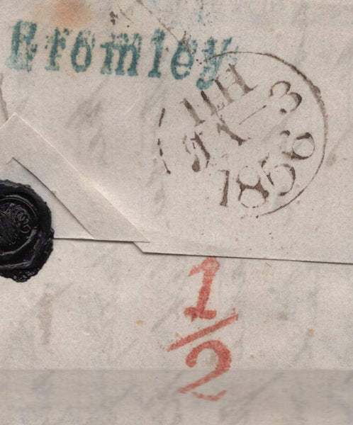 141882 1856 MAIL BROMLEY, LONDON TO SEVILLA, SPAIN WITH 6D EMBOSSED (SG58) AND 4D CARMINE (SG62).