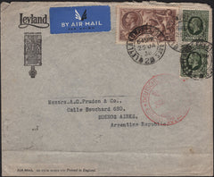 141885 1938 AIR MAIL LEYLAND, PRESTON IN LANCS TO BUENOS AIRES, ARGENTINE WITH 2/6 SEAHORSE (SG450) AND KGV 9D (SG447) X 2.