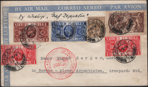 141889 1935 AIR MAIL SHEFFIELD TO BUENOS AIRES, ARGENTINE 'BY AIRSHIP 'GRAF ZEPPELIN' WITH KGV SILVER JUBILEE ISSUE, 1S AND 2/6 SEAHORSE (SG450).