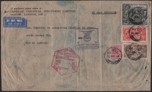 141890 1933 AIR MAIL LONDON TO RIO DE JANEIRO 'BY GRAF ZEPPELIN' WITH 1929 £1 PUC (SG438), SEAHORSE 2/6 AND 5S, ALSO 6D WITH ZEPPELIN CACHETS.