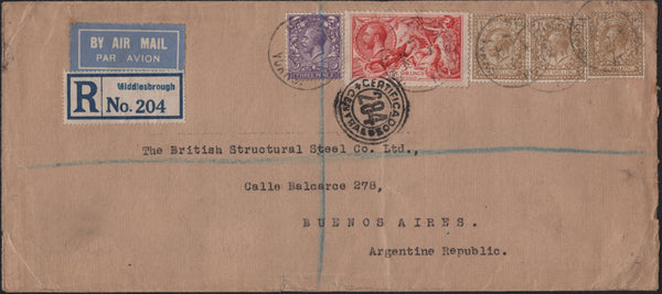 141891 1932 REGISTERED AIR MAIL MIDDLESBROUGH, YORKS TO BUENOS AIRES, ARGENTINE WITH 5S SEAHORSE (SG416), 3D AND KGV 1S X 3.