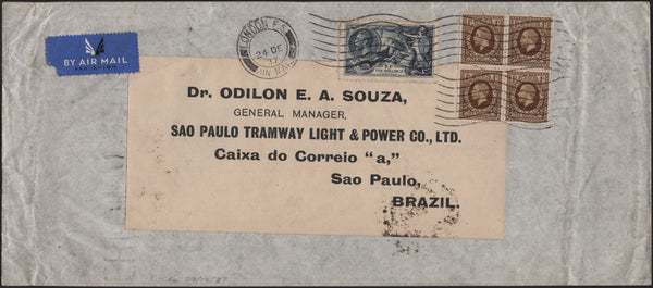 141893 1937 AIR MAIL LONDON TO SAO PAULO, BRAZIL WITH 10S SEAHORSE (SG452) AND BLOCK OF FOUR 1S PHOTOGRAVURE (SG449).