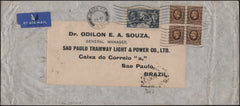 141893 1937 AIR MAIL LONDON TO SAO PAULO, BRAZIL WITH 10S SEAHORSE (SG452) AND BLOCK OF FOUR 1S PHOTOGRAVURE (SG449).