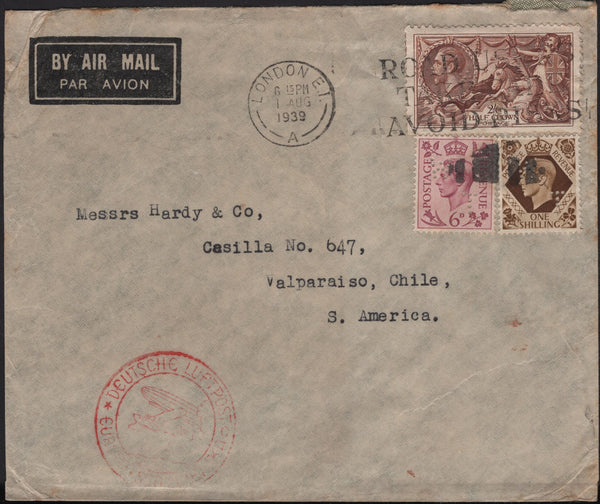 141894 1939 AIR MAIL LONDON TO VALPARAISO, CHILE WITH 2/6 SEAHORSE (SG450) AND KGVI 6D AND 1S.