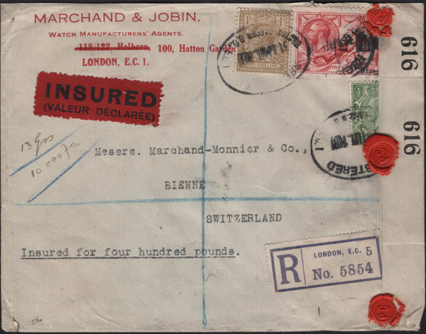 141895 1918 REGISTERED INSURED MAIL HATTON GARDEN, LONDON TO SWITZERLAND WITH 5S DE LA RUE SEAHORSE (SG409) ALSO KGV ½D AND 9D.