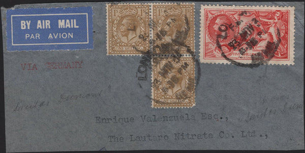 141897 1934 PIECE SENT AIR MAIL VIA GERMANY LONDON TO SOUTH AMERICA WITH 5S SEAHORSE (SG451) AND 1S (SG429) X 3.