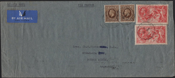 141898 1939 AIR MAIL GREENFORD, MIDDLX TO BUENOS AIRES, ARGENTINA WITH 5S SEAHORSE (SG451) X 2 AND 1S (SG449) X 2.