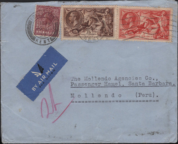 141900 1937 AIR MAIL FOLKESTONE TO MOLLENDO, PERU WITH KGV SEAHORSE 2/6 (SG450), 5S (SG451) AND 6D.