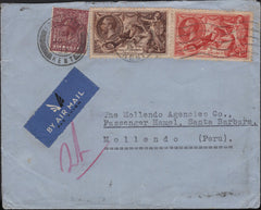 141900 1937 AIR MAIL FOLKESTONE TO MOLLENDO, PERU WITH KGV SEAHORSE 2/6 (SG450), 5S (SG451) AND 6D.