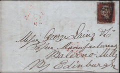 141906 1846 MAIL GLASGOW TO EDINBURGH, 1D PL.58 (SG8) AND MAE WEST 'TOO LATE' HAND STAMP.