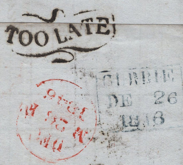 141906 1846 MAIL GLASGOW TO EDINBURGH, 1D PL.58 (SG8) AND MAE WEST 'TOO LATE' HAND STAMP.