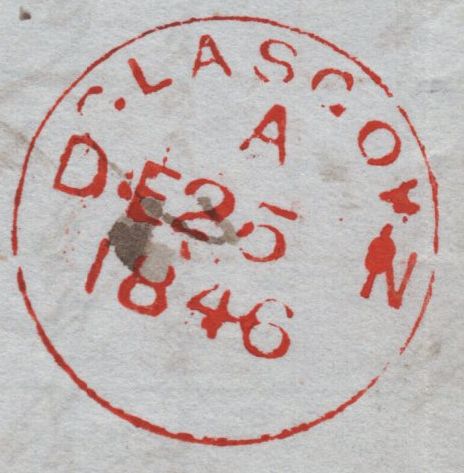 141906 1846 MAIL GLASGOW TO EDINBURGH, 1D PL.58 (SG8) AND MAE WEST 'TOO LATE' HAND STAMP.