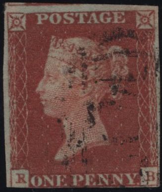 141912 1845 1D PL.58 (SG8)(RB CONSTANT VARIETY 'P' CONVERTED TO 'R' SPEC BS47f) USED.