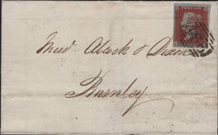141916 1845 MAIL LIVERPOOL TO BURNLEY 1D PL.54 (SG8)(FF) 'BURNLEY/2' SKELETON DATE STAMP IN BLUE (LA233).