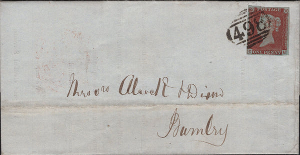 141921 1845 LETTER MANCHESTER TO BURNLEY 1D PL.53 (SG8) 'BURNLEY/2' SKELETON DATE STAMP (LA233).