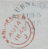 141921 1845 LETTER MANCHESTER TO BURNLEY 1D PL.53 (SG8) 'BURNLEY/2' SKELETON DATE STAMP (LA233).