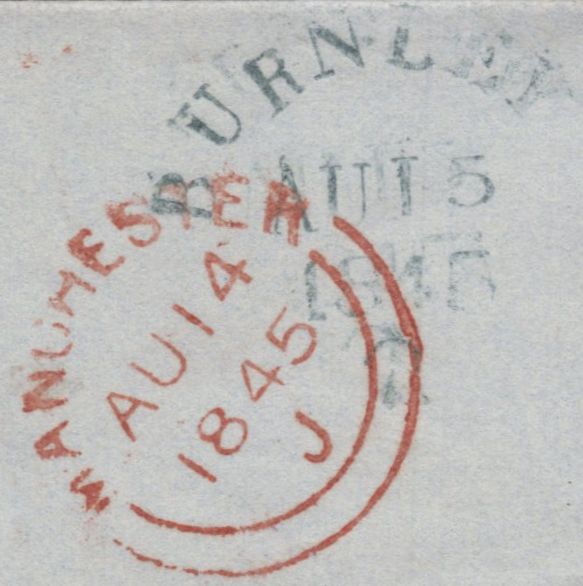 141921 1845 LETTER MANCHESTER TO BURNLEY 1D PL.53 (SG8) 'BURNLEY/2' SKELETON DATE STAMP (LA233).