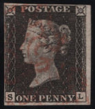 141934 1840-41 MATCHED QUARTET 1D BLACKS PL.1A (SG3/SPEC AS2c), PL.1B (SG2) X 2 WITH RED AND BLACK MALTESE CROSSES AND 1D RED PL.1C (SG7 SPEC AS8) LETTERED SL.