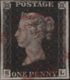 141934 1840-41 MATCHED QUARTET 1D BLACKS PL.1A (SG3/SPEC AS2c), PL.1B (SG2) X 2 WITH RED AND BLACK MALTESE CROSSES AND 1D RED PL.1C (SG7 SPEC AS8) LETTERED SL.