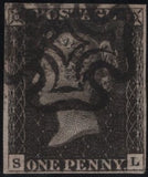 141934 1840-41 MATCHED QUARTET 1D BLACKS PL.1A (SG3/SPEC AS2c), PL.1B (SG2) X 2 WITH RED AND BLACK MALTESE CROSSES AND 1D RED PL.1C (SG7 SPEC AS8) LETTERED SL.