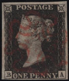 141936 1840-41 MATCHED QUARTET 1D BLACKS PL.5 STATE ONE (SG2 SPEC AS25), 1D BLACK STATE TWO (SG3 SPEC AS28), PENNY RED STATE TWO (SG7 SPEC AS29b) AND 1D RED STATE THREE (SG7 SPEC AS33a) LETTERED BA.