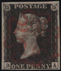 141936 1840-41 MATCHED QUARTET 1D BLACKS PL.5 STATE ONE (SG2 SPEC AS25), 1D BLACK STATE TWO (SG3 SPEC AS28), PENNY RED STATE TWO (SG7 SPEC AS29b) AND 1D RED STATE THREE (SG7 SPEC AS33a) LETTERED BA.