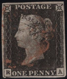 141937 1840-41 MATCHED TRIO 1D BLACKS PL.1A (SG2), PL.1B (SG2) AND PENNY RED PL.1C (SG7 SPEC AS8) LETTERED RA.