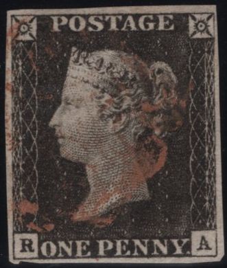 141937 1840-41 MATCHED TRIO 1D BLACKS PL.1A (SG2), PL.1B (SG2) AND PENNY RED PL.1C (SG7 SPEC AS8) LETTERED RA.