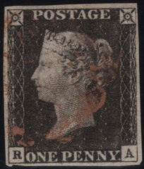 141937 1840-41 MATCHED TRIO 1D BLACKS PL.1A (SG2), PL.1B (SG2) AND PENNY RED PL.1C (SG7 SPEC AS8) LETTERED RA.
