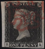 141937 1840-41 MATCHED TRIO 1D BLACKS PL.1A (SG2), PL.1B (SG2) AND PENNY RED PL.1C (SG7 SPEC AS8) LETTERED RA.