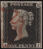 141938 1840-41 MATCHED TRIO 1D BLACKS PL.1A (SG2), PL.1B (SG2) AND 1D RED PL.1C (SG7 SPEC AS8) LETTERED AI.