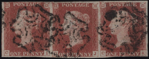 141940 1841 1D RED PL.9 (SG7) FINE USED STRIP OF THREE WITH DOUBLE LETTER.