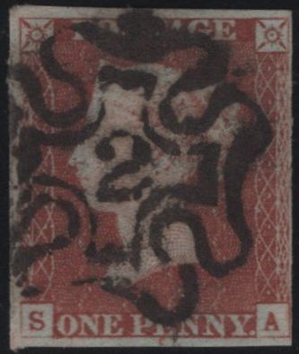 141955 1842 1D PL.30 (SG8)(SA) LONDON No. '2' IN MALTESE CROSS (SPEC B1ub).