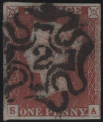 141955 1842 1D PL.30 (SG8)(SA) LONDON No. '2' IN MALTESE CROSS (SPEC B1ub).