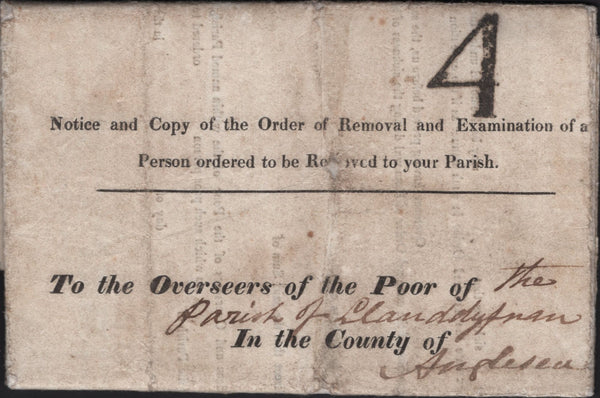 141956 1841 PRINTED 'OVERSEERS OF THE POOR OF THE PARISH ... IN THE COUNTY OF ANGLESEY....' PRINTED DOCUMENT BANGOR TO ANGLESEA WITH BANGOR UNIFORM FOURPENNY POST  '4' HAND STAMP USED AS A CHARGEMARK  (W232).