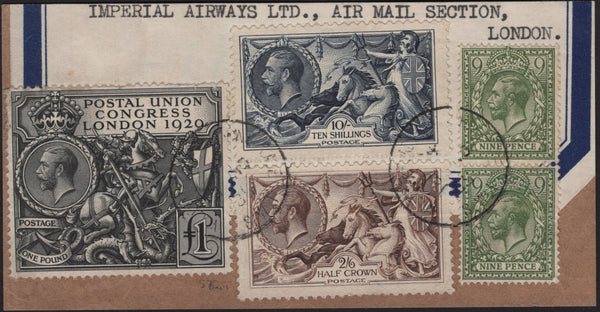 141957  1935 SMALL PART PARCEL WRAPPER WITH £1 P.U.C. (SG438), 2/6 SEAHORSE (SG415a), 10s SEAHORSE (SG452) AND PAIR 9D GREEN.
