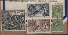 141957  1935 SMALL PART PARCEL WRAPPER WITH £1 P.U.C. (SG438), 2/6 SEAHORSE (SG415a), 10s SEAHORSE (SG452) AND PAIR 9D GREEN.