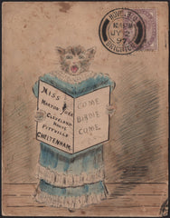141958 1897 HAND PAINTED ENVELOPE BRIGHTON TO CHELTENHAM WITH VERY FINE WATERCOLOUR OF A CAT SINGING A SONG 'COME BIRDIE COME'.