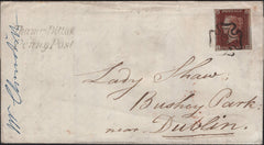 141963 1841 MAIL THAMES DITTON, SURREY TO DUBLIN WITH 1D RED PL. ELEVEN (SG7)(LD) 'Thames Ditton/Penny Post' HAND STAMP (SY615).