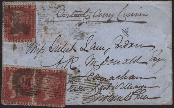 141965 1856 CRIMEAN WAR MAIL FROM THE CRIMEA TO SCOTLAND WITH 1D (SG29) X 3 AND REAR FLAP EMBOSSED 'COMMISSARIAT'.