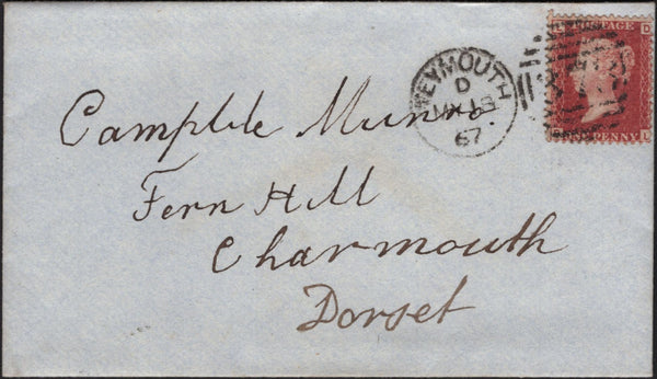 141968 1867 MAIL WEYMOUTH TO CHARMOUTH, DORSET 1D PL.93 (SG43) WITH LETTER FROM A CHILD.