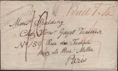 141973 CIRCA 1803 MAIL LONDON TO PARIS WITH 'Drury Lane' BOXED RECEIVERS HAND STAMP AND 'R.4.' HAND STAMP DENOTING VIA HAMBURG DUE TO NAPOLEONIC WARS.