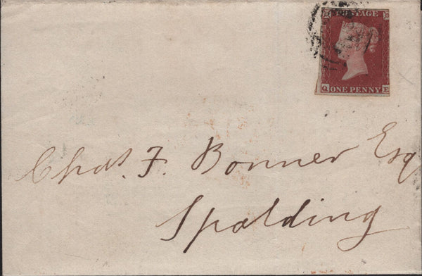 141975 1853 MAIL STAMFORD TO SPALDING 1D (SG8)(QE) FINE PRINTED CONTENTS.